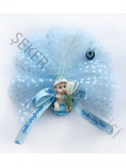 Bebek Şekeri Süslü Şapkalı Elinde Çiçek Mavi - 50 Adet