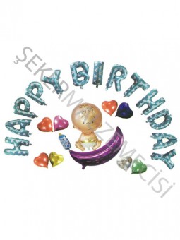 Bebekli Happy Birthday Folyo Balon Seti Mavi