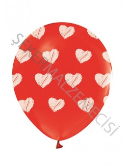 Beyaz Kalp Baskılı Kırmızı Balon 14 Adet